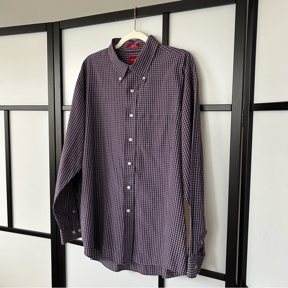 [17-17.5] Arrow Men’s Poly Blend Purple Plaid Long Sleeve Button Down Shirt - Picture 2 of 9